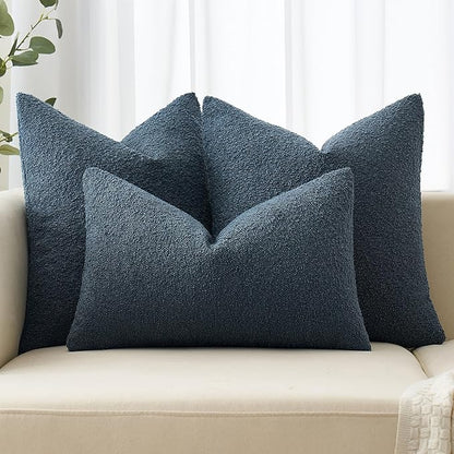 MIULEE 24x24 Decorative Euro Sham Throw Pillows for Bed Set of 2 Textured Boucle Neutral Winter Throw Pillow Covers Dark Blue Accent Solid Couch Pillowcases Sofa Livingroom Home Decor