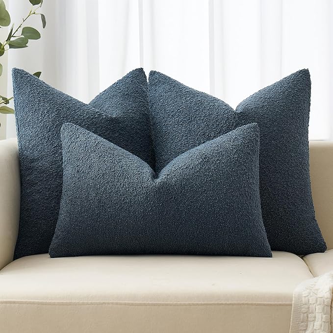 MIULEE Textured Boucle Throw Pillow Cover Dark Blue Accent Solid Lumbar Pillow Case Decorative Soft Pack of 1 Couch Cushion Chair Sofa Bedroom Livingroom Home Decor,12x20 Inch