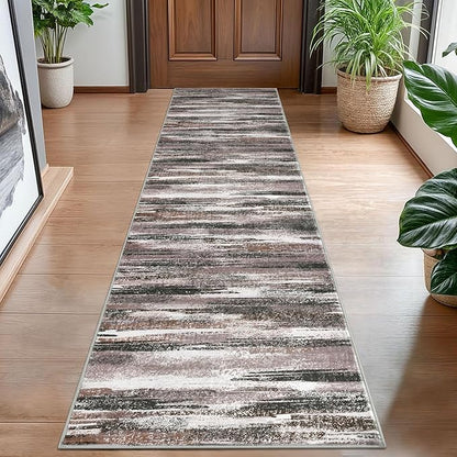 Modern Abstract Hallway Runner Rug, Dark Light Brown White Washable Kitchen Runner Non-Slip Soft 2x8 Runner Rug Thin Print Faux Wool Carpet for Entryway Bedroom Laundry Room Indoor Home Decor