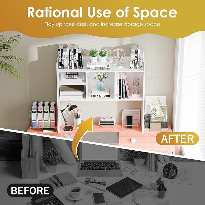 SUPER DEAL Desktop Bookshelf, Countertop Storage Hutch with 4 Shelves for Computer Desk, 2-Tier Display Rack, Multipurpose Wood Desk Hutch Storage Organizer for Home Office Dorm, White