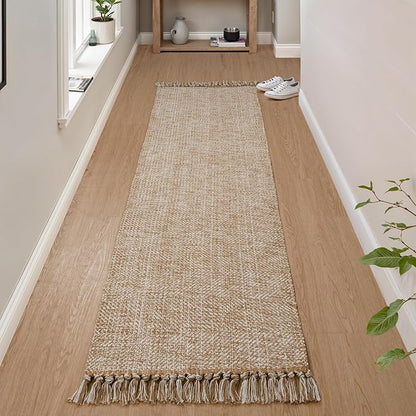 Collive Boho Runners for Hallways 2x7 ft, Washable Kitchen Runner Rug Low-Profile Neutral Indoor Entryway Rug, Tan/Cream Braided Cotton Floor Carpet for Laundry Room Bedroom Doorway
