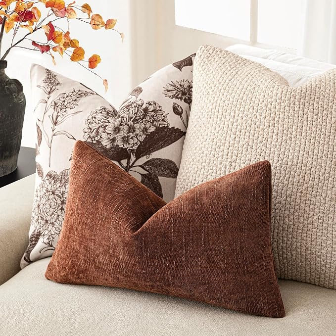 Foindtower Pack of 2 Textured Chenille Throw Decorative Pillow Covers Square Accent Solid Cushion Cover Neutral Farmhouse Lumbar Pillow Case for Couch Sofa Bedroom Living Room 12x24 Inch,Red Taupe