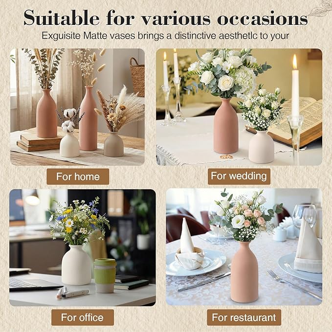 Dandat Ceramic Vase Set of 4, Modern Decorative Ceramic Vases Rustic Pottery Centerpiece Table Decor for Farmhouse Bouquet Pampas Grass Dried Fresh Flowers, Living Room, Kitchen, Bedroom (Beige)
