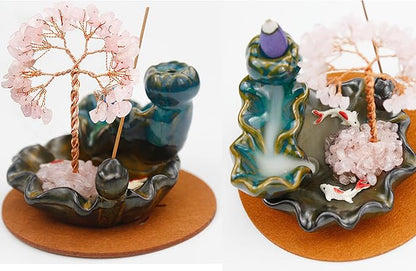 Backflow Incense Holder, Waterfall Incense Burner, Gemstone Money Tree Home Living Room Decorations Office Accessories for Women, Mothers Day Mom Gifts (Rose Quartz)