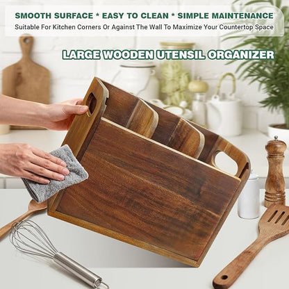 Acacia Wood Utensil Holder Kitchen Utensil Holder with 3 Compartments Cooking Spatula Organizer Large Cutlery Organizer for Kitchen Countertop Farmhouse Kitchen Decor