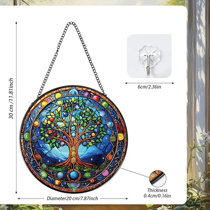 Rngmsi Tree of Life Stained Glass Window Hanging Gifts, 7.8″ Sun Catchers for Indoor Window Decor, Decorative Sun Catchers Home Wall Art Gift for Thanksgiving Christmas Housewarming