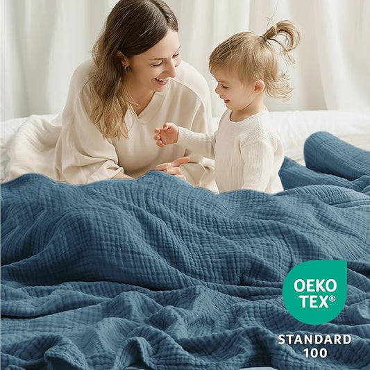 100% Cotton Muslin Blanket 40" x 40", Breathable and Lightweight Cotton Throw Blankets, Soft Cooling Summer Gauze Blanket for All Season, Blue