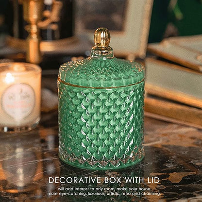 Candy Dish with Lid Glass Decorative Box, Vintage Jewelry Box, Small Candy Jar with Lid Crystal Apothecary Decor Box, Birthday Gifts For Friends Female (Green)