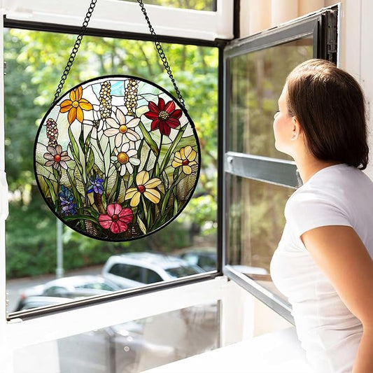 DASTOLL Stained Glass Window Hanging, Colorful Wildflowers Plant Scenery Suncatcher for Doors Window Home White Green Sun Catchers Decor Mother's Day Birthday Gifts for Women, Men Mom 11.8 in