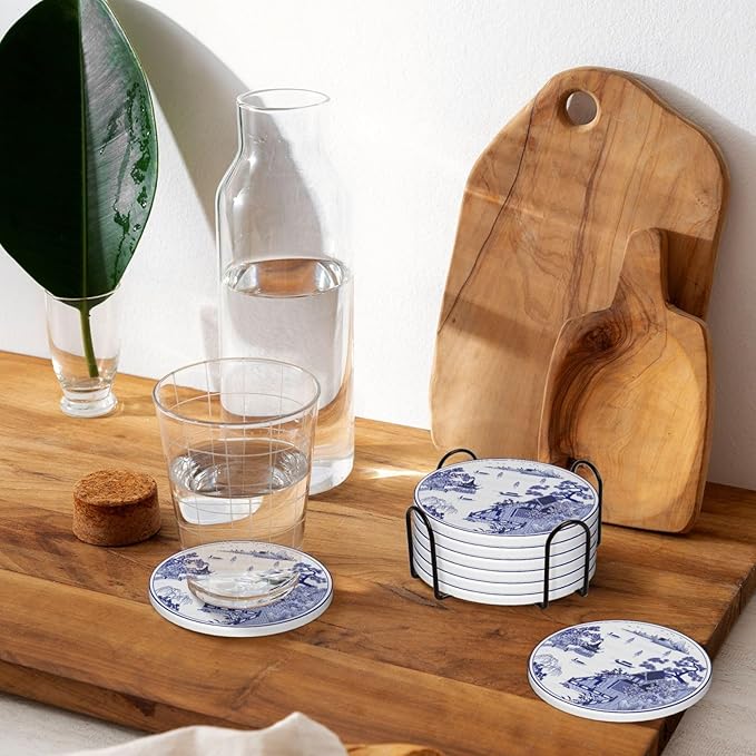 6 Pcs Ceramic Coasters with Holder Absorbent Drink Round China Blue and White Porcelain Royal Collection Design for Home Table Coffee Cup Wine Beer Bar,Size 4 inches