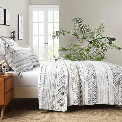 Quilts Queen Size - Queen Quilt Bedspread Sets, 100% Cotton Boho Quilted Bedding Set for Queen Bed, 3 Pieces Bohemian Reversible Striped Lightweight Comforter Bed Spread, White
