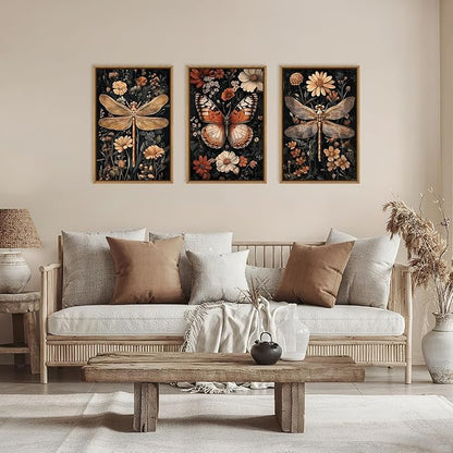 Large Vintage Butterfly and Dragonfly Wall Decor Framed Canvas Wall Art,Retro Dark Animal Floral Wall Decor, Moody Insect Wildflowers Botanical Artwork for Living Room,Bedroom,office-16 x24 x3