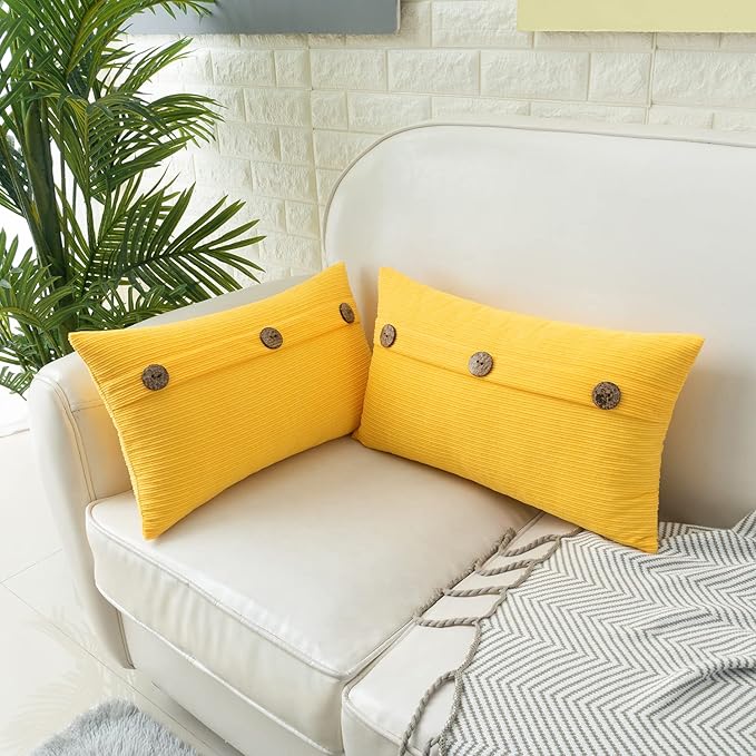 HWY 50 Yellow Chenille Throw Pillow Covers 12x20 Inch with Triple Buttons, Soft Farmhouse Accent Decorative Cushion Cases for Couch Sofa Living Room Pack of 2 Rectangle