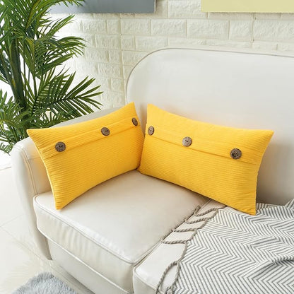 HWY 50 Yellow Chenille Throw Pillow Covers 12x20 Inch with Triple Buttons, Soft Farmhouse Accent Decorative Cushion Cases for Couch Sofa Living Room Pack of 2 Rectangle