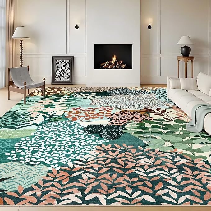 DEXDE Large Area Rugs 9x12 for Living Room, Floral Washable Rug Boho Print Vintage Low Pile Non Slip Carpet for Bedroom Kids Room Nursery Office Dinning Room, Dark Green