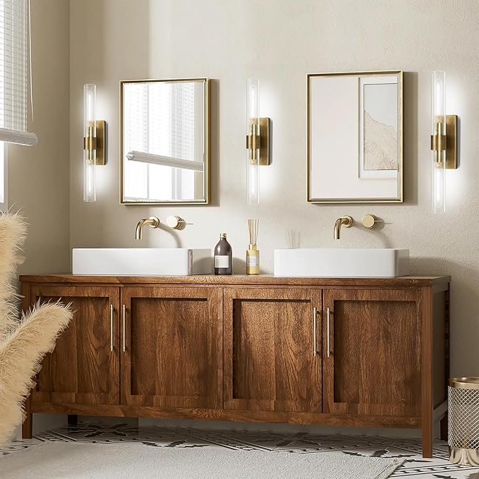 Brass and Glass Wall Sconces, 22.8" Vanity Lights for Bathroom 2 Lights, Horizontal or Vertical Linear Gold Wall Lamp, Indoor Sconces Wall Lighting, Tube Sconce for Living Room, Hallway