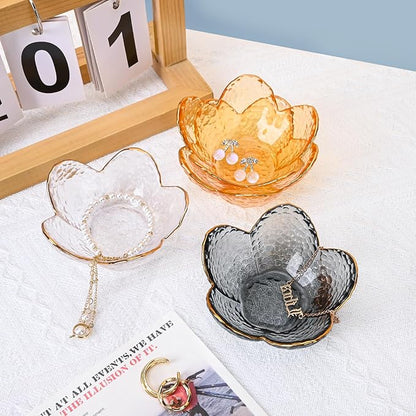 Koythin 2-Piece Glass Jewelry Tray, Small Trinket Holder for Necklace Bracelet Earring, Ring Holder for Bathroom, Aesthetic Trinket Dish, Flower Nightstand Decor for Girl Mom Women (Grey)
