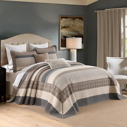 SahSahCasa 120"x102" 100% Cotton Oversized Queen Bedspread Coverlet Quilt Set, Queen Quilted Striped Bedspread Extra Large Quilt, XL Bed Spread Lightweight Comforter, 3pc, Charcoal/Beige/Brown