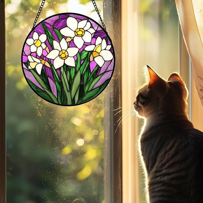 Stained Glass Window Hanging 4 Pcs Set Tulips Plum Flower Daffodils Hyacinths Large 15" - Suncatcher Door Garden Sun Catcher Decor Birthday Mother's Day for Mom Woman Nana