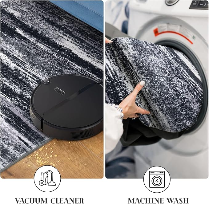 Modern Abstract Hallway Runner Rug, Black Grey Washable Entryway Runner Non-Slip Soft 2x8 Runner Rug Thin Print Faux Wool Carpet for Kitchen Bedroom Laundry Room Indoor Home Decor