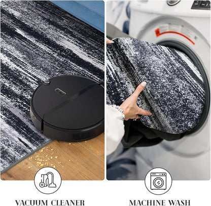 Modern Abstract Entryway Rug Indoor 2x3 Washable Rug Non-Slip Soft Small Area Rug Black Grey Kitchen Mats Thin Print Faux Wool Floor Carpet Throw Rugs for Entrance Bedroom