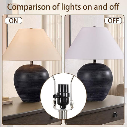 Pia Ricco 21'' Large Gray Base Ceramic Basin Table Lamp for Bedroom, Living Room, Dining Room, Office, White Shade,White Striped Black Base