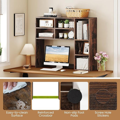 GOFLAME Desktop Bookshelf, 37” Desk Organizer Shelf with 7 Cubes & 3 Adjustable Shelves, 3-Tier Wood Countertop Display Rack, Multipurpose Tabletop Desk Hutch for Dorm, Home Office (Rustic Brown)