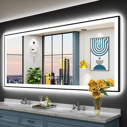 84x32 Inch Black Framed LED Bathroom Mirror with Lights, Backlit & Front Lit, Anti-Fog Lighted Vanity Mirrors for Bathroom Wall, Dimmable, 3-Color Light, Memory, Shatter-Proof, Tempered Glass