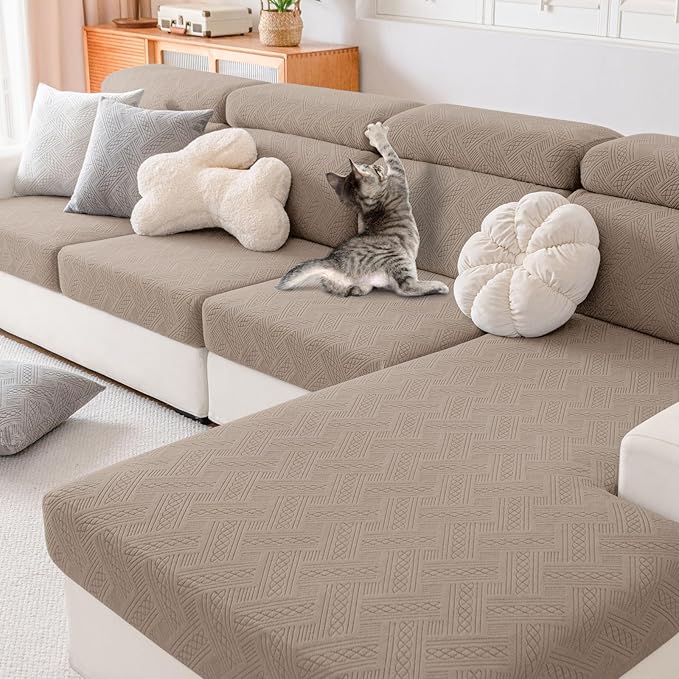 hyha Waterproof Couch Cushion Covers, Waterproof Sectional Couch Covers for 2 Cushion Sofa for Pets, Stretch Sofa Slipcover Washable with Elastic Bottom(2 Packs, Camel)