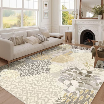 DEXDE 5x7 Area Rugs, Washable Non-Slip Abstract Boho Soft Rug for Living Room Bedroom,Leaves Floral Print Large Carpet for Entryway Playroom Office, Gray