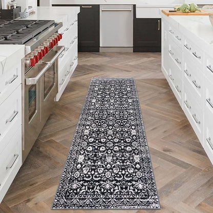 Vintage Floral 2x6 Runner Rug, Black and White Washable Kitchen Runner Rug Non-Slip Hallway Rug Runner Boho Thin Printed Faux Wool Super Soft Carpet for Entryway Bedroom Laundry Room Indoor