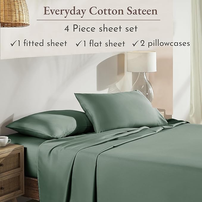 California Design Den Natural 100% Cotton Bed Sheets King Size Set with Deep Pockets - Soft Sateen King Sheet Set, Breathable and Durable Bedding (Sage Green - Dark)