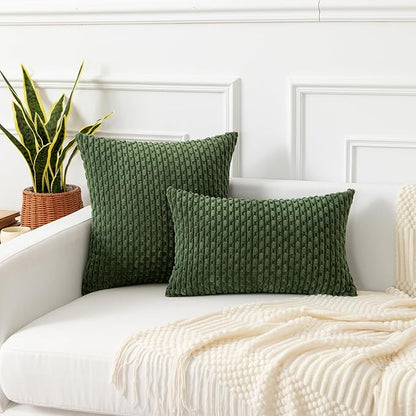 Kevin Textile 14x24 Inch Pillow Cover 1 Pack Boho Decorative Soft Striped Corduroy Lumbar Farmhouse Solid Color Accent Rectangle Cushion Case for Living Room Couch Sofa Bed, Moss Green