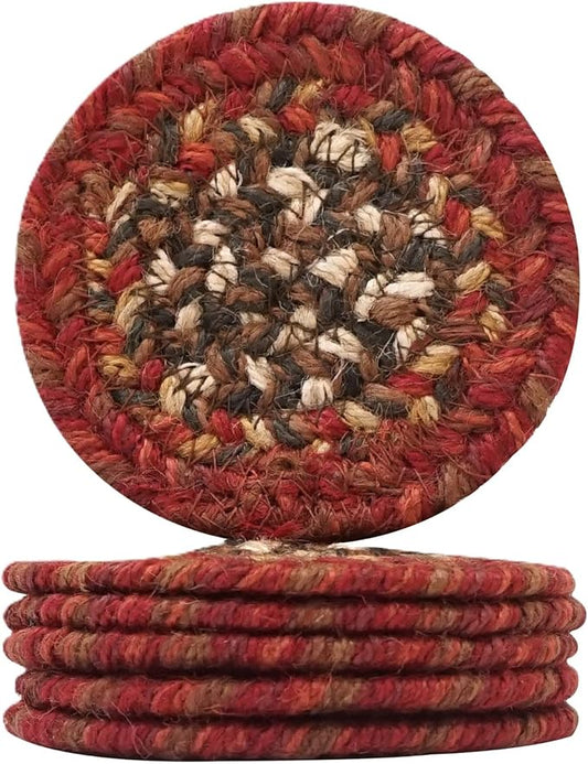 Homespice Chester Jute Braided Cabin Coasters 4", Warm Lodge and Cabin Decor, Set of 6, Red - Durable, Absorbs Moisture, Easy to Clean and Protects Furniture