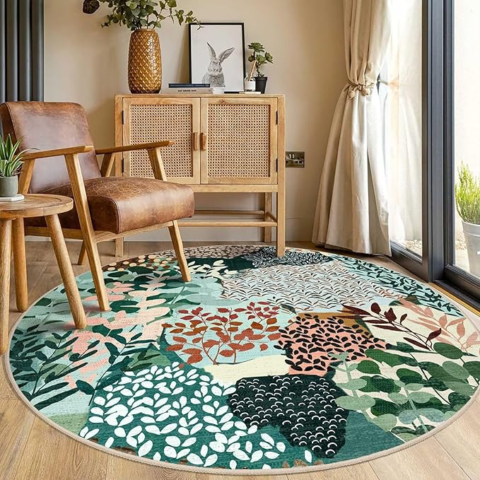 DEXDE Round Rug 5ft Washable Circle Area Rugs, Non Slip Low Pile Boho Floral Large Circular Carpet for Bedroom Bathroom Entryway Kids Room Office Dining Room, Dark Green