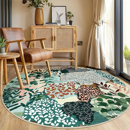 DEXDE Round Rug 5ft Washable Circle Area Rugs, Non Slip Low Pile Boho Floral Large Circular Carpet for Bedroom Bathroom Entryway Kids Room Office Dining Room, Dark Green