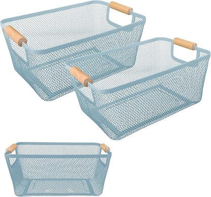 2Pack Metal Mesh Steel Basket with Bamboo Handle - Wire Metal Basket for Kitchen Organization, 12" Wide Food Organizer Bin, Perfect for Organizing Bulk Pantry (BLUE)
