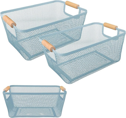2Pack Metal Mesh Steel Basket with Bamboo Handle - Wire Metal Basket for Kitchen Organization, 12" Wide Food Organizer Bin, Perfect for Organizing Bulk Pantry (BLUE)