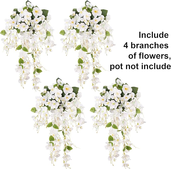 Fake Hibiscus Artificial Hanging Flowers Plants for Outdoors Spring Decoration, 4pcs Silk Hibiscus Vines Realistic UV Resistant White Faux Flowers for Outside Planter Porch Patio Yard Wedding Party