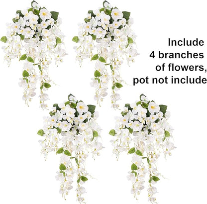 Fake Hibiscus Artificial Hanging Flowers Plants for Outdoors Spring Decoration, 4pcs Silk Hibiscus Vines Realistic UV Resistant White Faux Flowers for Outside Planter Porch Patio Yard Wedding Party