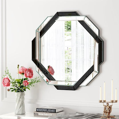 Bathroom Mirror Black-24”X24” Wall Mirrors Decorative, Beveled Edge Frameless Mirror for Wall Bathroom, Vanity Room, Bedroom, Living Room and Enterway