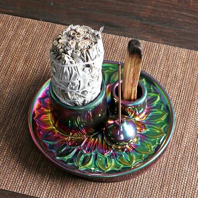 4 in 1 Multifunctional Ceramic Incense and Candle Holder with Ash Catcher Tray Suit for Burning White Sage, Palo Santo Sticks (Colorful)