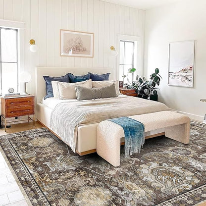 RUGSURE Washable Area Rugs - Perfect for Living Room, Bedroom, Kids Room, Nursery - Stain & Water Resistant Non-Slip, Pet & Child Friendly, Vintage Tribal Area Rugs (Ivory, 9' x 12')