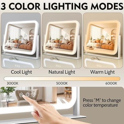 ROLOVE Lighted Makeup Mirror, 17"x13" Vanity Mirror with Lights, 10X Magnification, Gifts for Women, 3 Color Lighting Modes, Smart Touch Control, 360° Rotation for Bedroom or Tabletop (White)