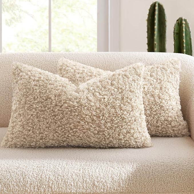 MIULEE Pack of 2 Lumbar Faux Fur Throw Pillow Covers 12x20 Inch Neutral Oatmeal Boucle Decorative Sherpa Pillow Covers Fuzzy Accent Soft Sheepskin Fleece for Boho Home Decor Sofa Living Room Bed Chair