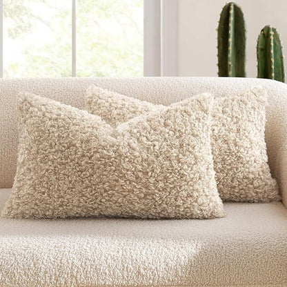MIULEE Pack of 2 Lumbar Faux Fur Throw Pillow Covers 12x20 Inch Neutral Oatmeal Boucle Decorative Sherpa Pillow Covers Fuzzy Accent Soft Sheepskin Fleece for Boho Home Decor Sofa Living Room Bed Chair