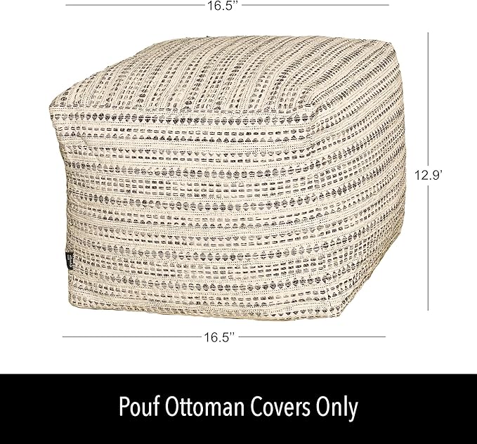 Chardin home Unstuffed Ottoman, Cozy & Bohemian Pouf Covers, Hand Crafted Casual Seating, Footrest, Square Floor Pillow for Home, Office, Bedroom, Living Room, 16.5" x 16.5"x 12.9", Black-Off White