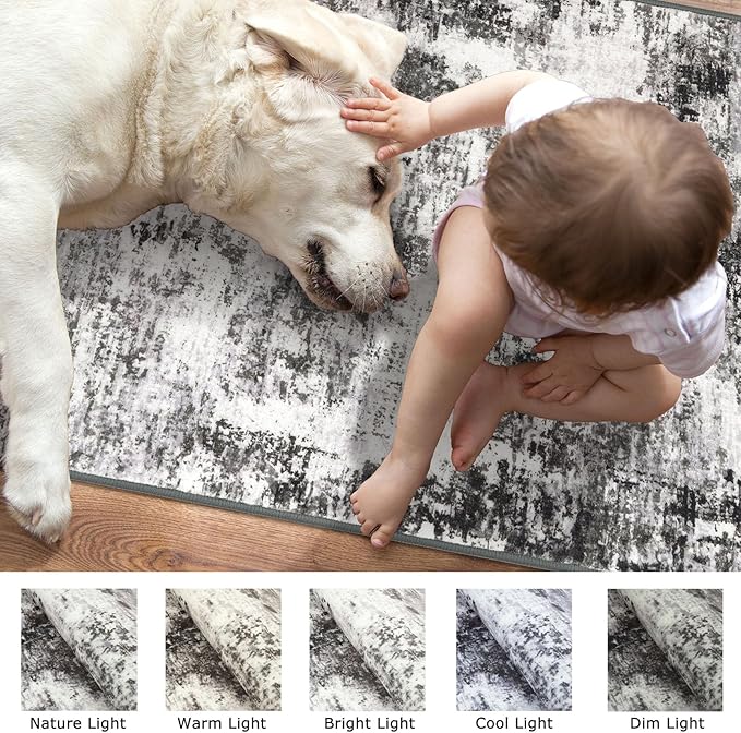Modern Abstract Hallway Runner Rug, Black Grey 2x8 Runner Rug, Washable Kitchen Runner Non-Slip Soft Thin Print Faux Wool Carpet for Entryway Bedroom Laundry Room Indoor
