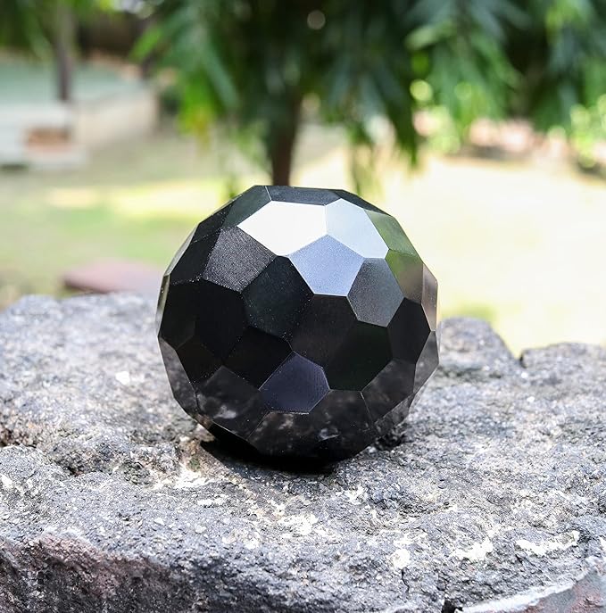 Crocon 50mm Black Tourmaline Diamond Cut Stone Sphere Ball with Metal Stand 1400+ Carats Gemstone Ball Healing Ornament Rock Sphere Sculpture Figurine for Fengshui Divination Crystal