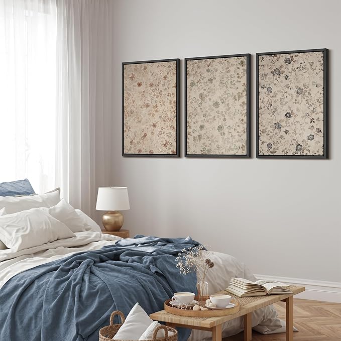 MUDECOR Framed Wall Art Print Set Vintage Floral Botanical in Neutral Tones Illustrations Realism Decorative for Living Room, Bedroom, Office - 24"x36"x3 Black